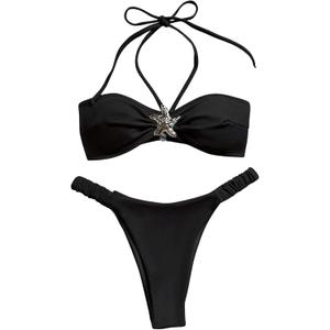 WDIRARA Women's 2 Piece Halter Bikini Sets Sexy Starfish Brazilian Metal Swimsuit L