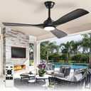Outdoor Ceiling Fan with Light: 52 Inch 3 Blade Outdoor Fans for Patios - Modern Black Ceiling Fan with Dimmable Light Remote Control Ultra Quiet Reversible DC Motor Timer