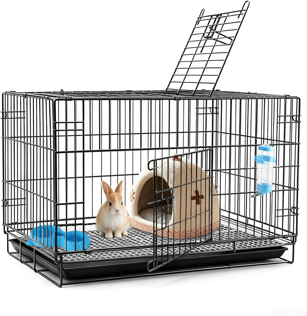 Rabbit Cage, Indoor Small Animal Cage, Easy to Clean Removable Tray, Dual Doors, Tool-Free Setup, Water Bottle, Food Bowl & Washable Small Nest for Hamster, Guinea Pig & Small Pets - Black