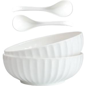 4 Quarts 2 Pcs Extra Large White Serving Bowls with Free Spoons, 12 inch Oversized Big Salad Bowls For Entertaining, Eating, Ceramic Serving Dishes, Pumpkin Serving Bowl Set For Fruit Soup Pasta, Diameter 12 inches