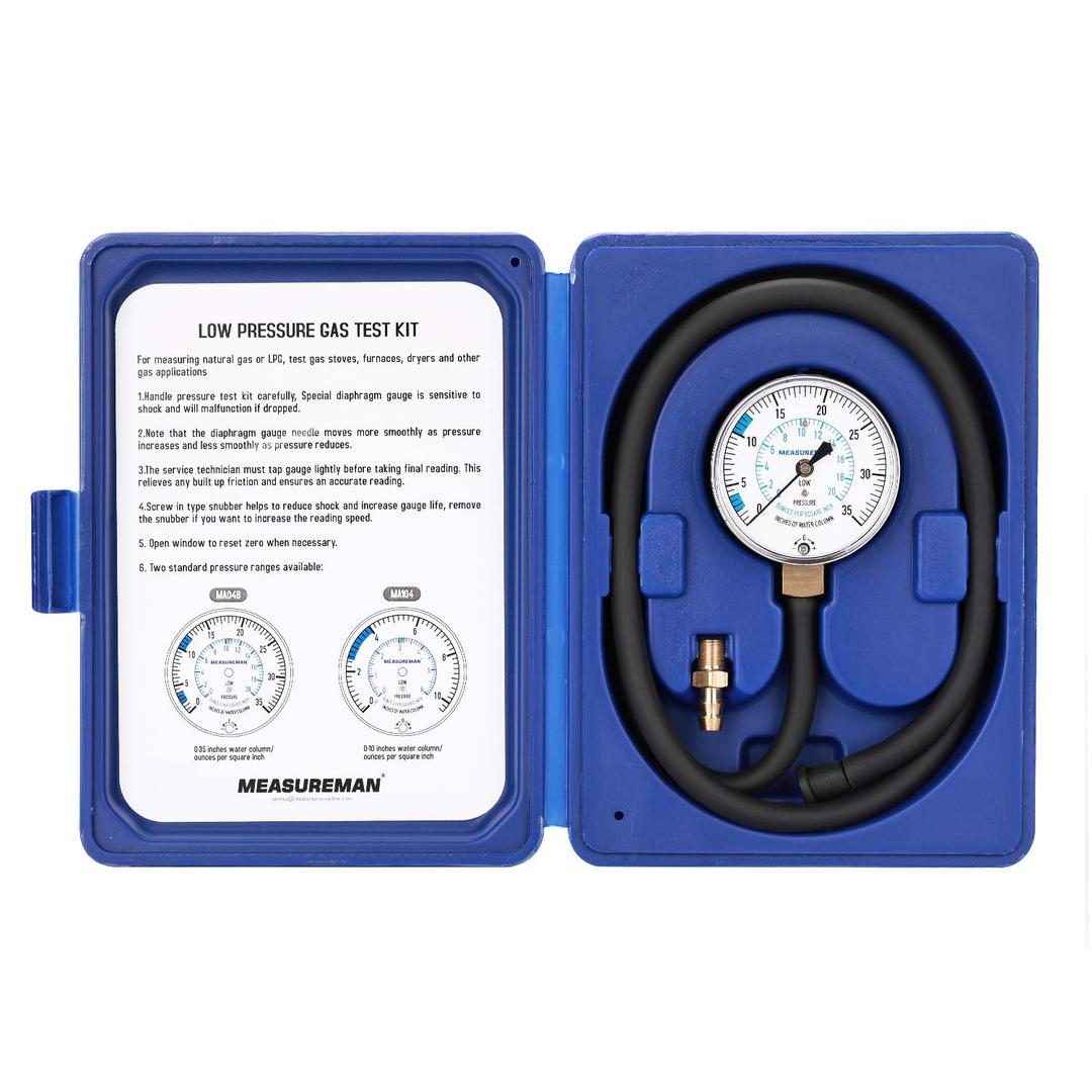 MEASUREMAN Natural Gas or LP Gas Manifold Pressure Test Kit, 0-35 "W.C., 1/4" NPT, 40" Length Hose MEASUREMAN Natural Gas or LP Gas Manifold Pressure Test Kit, 0-35 "W.C., 1/4" NPT, 40" Length Hose