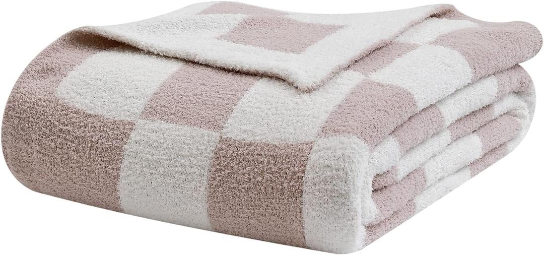 bearberry Fuzzy Checkerboard Grid Throw Blanket Soft Cozy Warm Microfiber All Season Blanket Decor for Couch Sofa Bed Travel Home (Cream, 50''x60'')