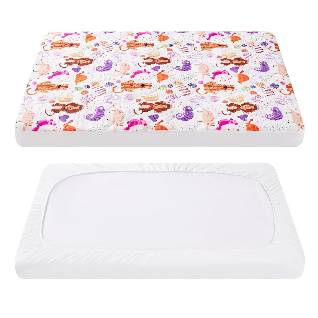 TILLYOU Pack and Play Sheet - Soft Quilted Crib Cover Pad, Toddlers Mattress Protector with 1''-3'' Deep Pocket, Thick Play Yard Playpen Sheets, Crib Mattress Pad 39"x27", Animal Graffiti