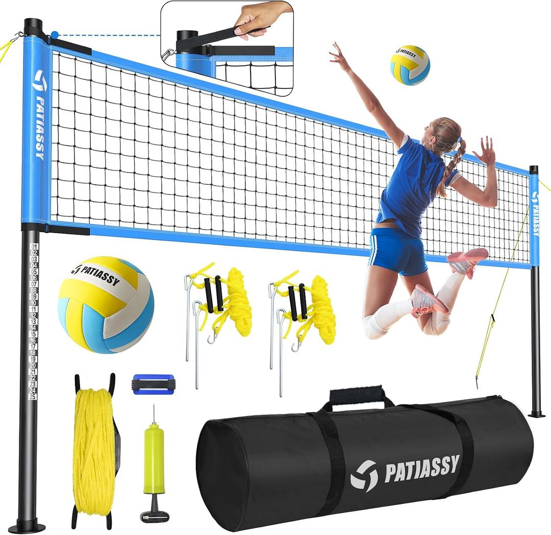 Outdoor Volleyball Net Set, 32FT Regulation Size Anti-Sag Net System, Easy Setup Adjustable Height Poles, Portable Complete Set with Volleyball, Pump, Hammer, Boundary Line & Carry Bag for Backyard