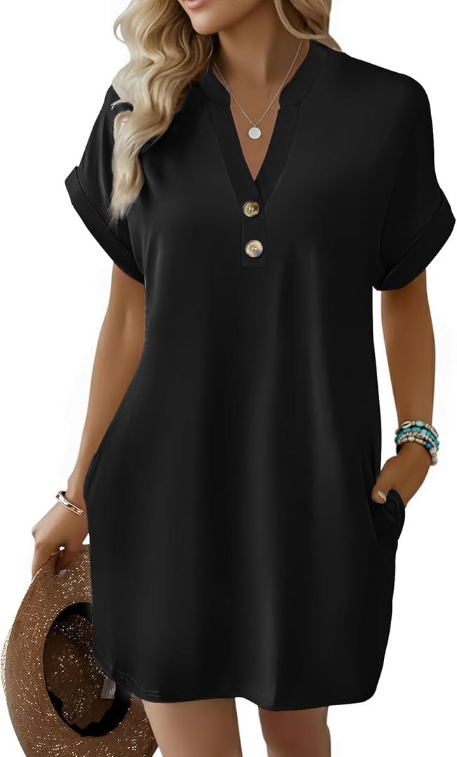 kipfall Summer Dresses for Women 2026 Button Down V Neck Sundress Vacation Beach Coverup Dress Trendy Basic Outfits (Black, L)