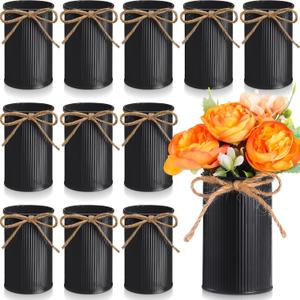 Rustic Vase for Table Centerpieces 4.33 Inch Small Petite Flower Vase with Twine Bow Vintage Farmhouse Decor for Wedding Reception Dining, Home Galvanized Metal Buckets(Black,12 Pcs)