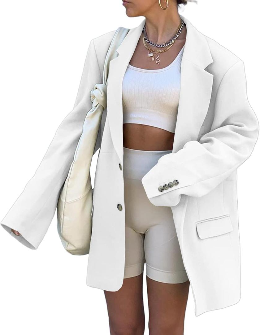 Grlasen Women Casual Elegant Long Sleeve Oversized Lapel Blazers Open Front Solid Work Office Jacket Blazer (Large, White)