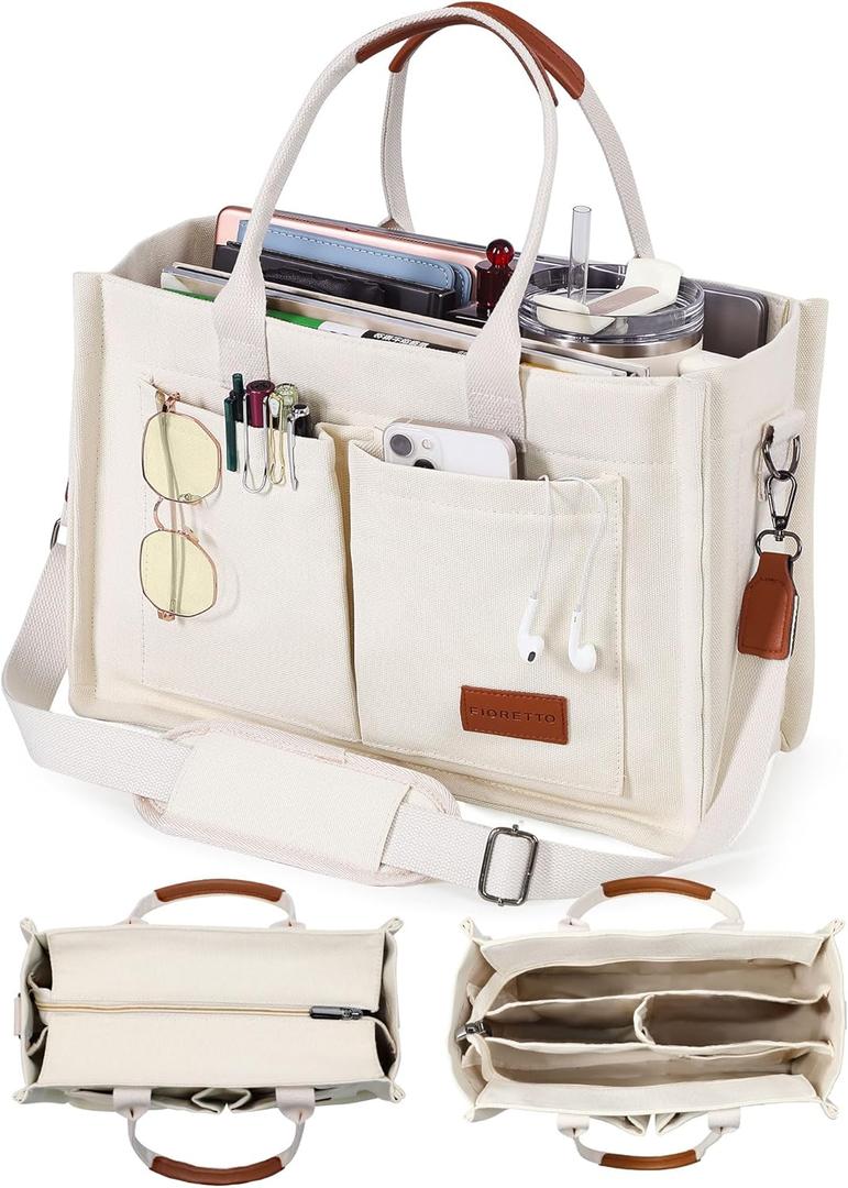 FIORETTO Canvas Tote Bag for Women with Zipper Closure & Individual Compartments for Work College for Teacher & Nurse