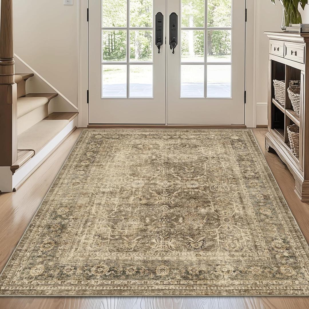 FMFUNCTEX 3x4 Washable Area Rug Brown Vintage Neutral Non Slip Low Pile Traditional Retro Indoor Carpet for Entryway Entrance Soft Floral Throw Rug Living Room Bedroom Kitchen Dining Office Laundry
