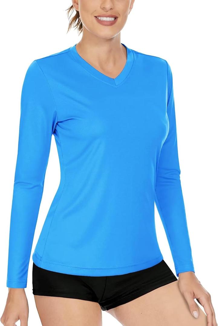 Boladeci Women's Swim Shirts Long Sleeve V Neck T Shirts UPF 50+ Sun Protection Quick Dry Rash Guard (Medium, Azure)