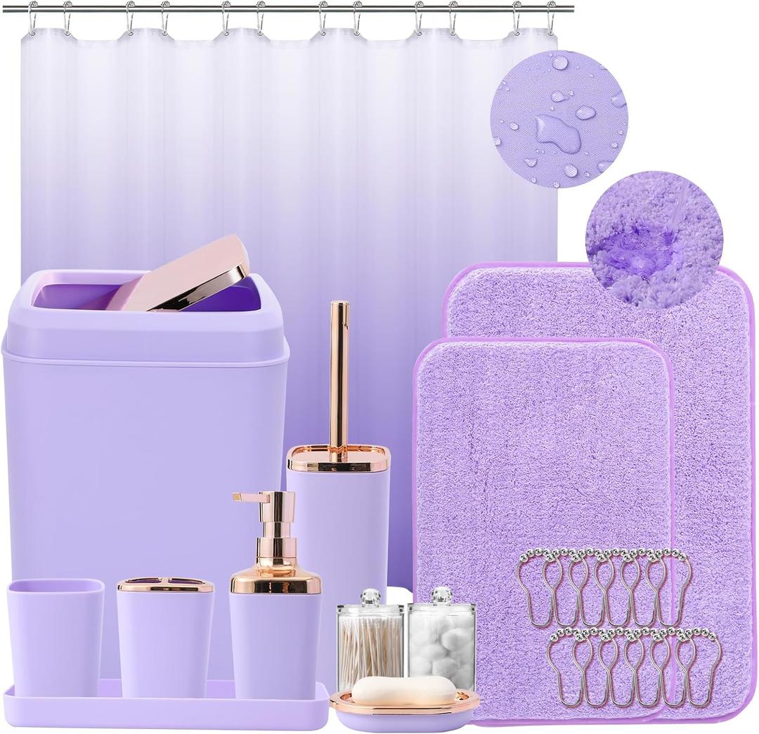 Bathroom Accessory SetBathroom Sets with Shower Curtain and Rugs, Non Slip Bathroom Rugs Super Absorbent, Light Purple Ombre Shower Curtain with Hooks, Lavender Bathroom Sets Complete for Home