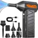 AUDEETO Compressed Air Duster - Cordless Mini Electric Air Duster with Led Light, 3 Adjustable Speeds & 5 Nozzles Storage Bag- Perfect for PC, Car, Outdoor & Home Cleaning (Black)