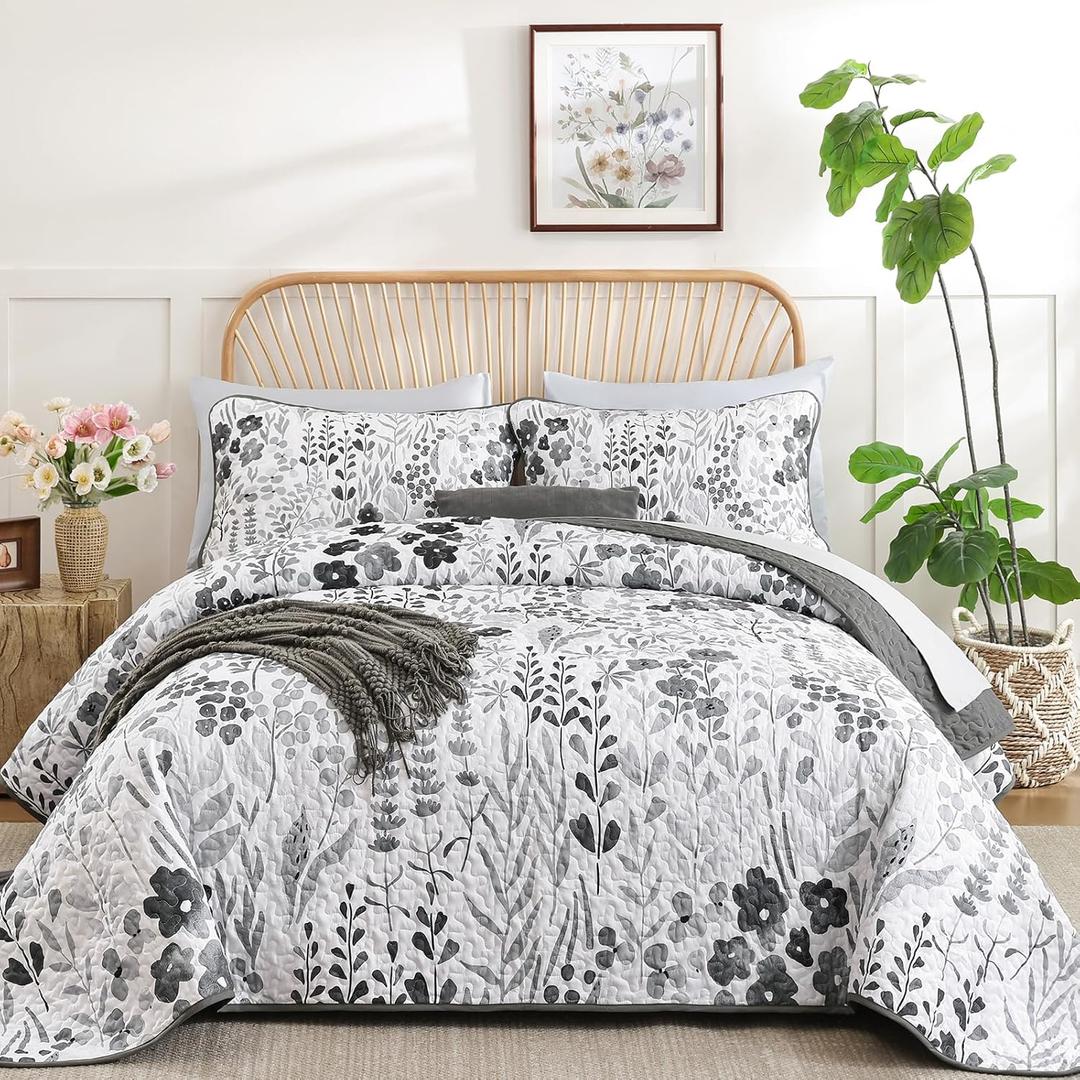 Xruibed Quilt Set Queen Size 3 Pieces Grey Floral Quilt Sets Reversible Bedspreads Bedding Set Soft and Cozy Microfiber Lightweight Quilt Flower Plant Bed Coverlet Sets for All Season(Queen 96"x90")