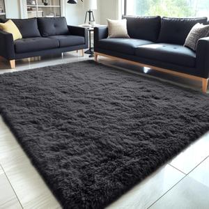 Area Rugs for Living Room Bedroom, Machine Washable Soft Fluffy Shaggy Bedside Rug, Indoor Floor Carpet for Kids Girls and Boys, Dorms, Nursery Rooms, Home Decor Aesthetic, Black