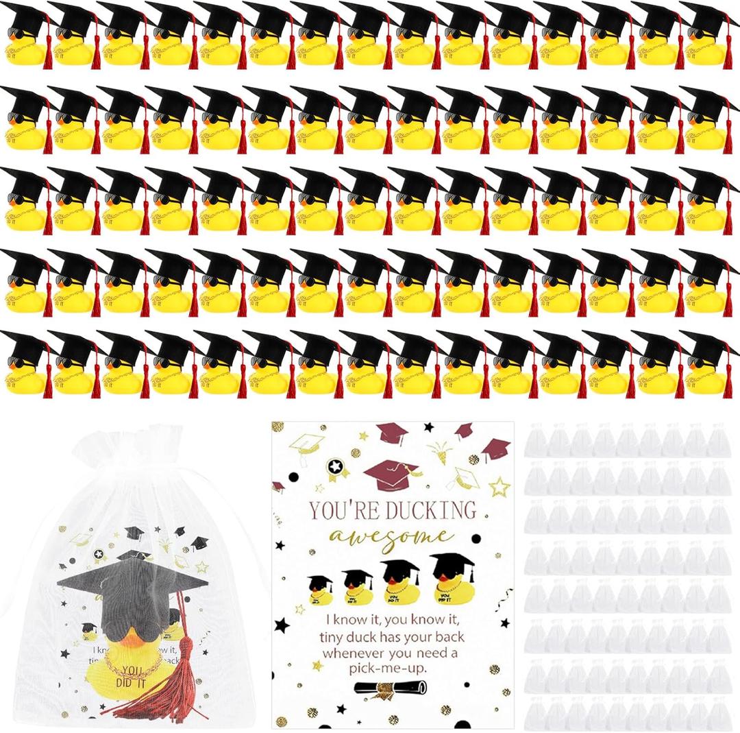 300 Pcs 2026 Graduation Gifts Bulk Graduation Rubber Ducks 2 Inch Mini Ducks with Academic Hats Tassels Sunglasses Chain 75 Inspirational Cards 75 Organza Bags for Class Student Grad Party Favor