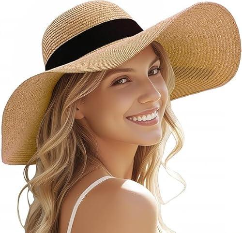 Beach Hats for Women - Sun Hat Womens, Wide Brim Straw Womens Sun Hat with Wind Lanyard Roll Up, Foldable Beach Hat UV Protection