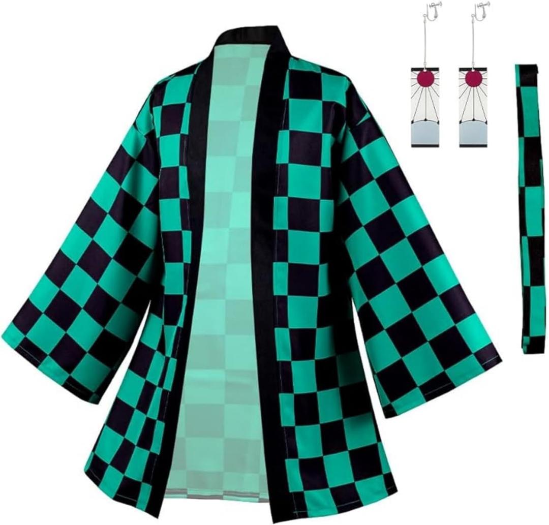 IOONCHI Tanjirou Robe Adult Green Plaid Cloak Kamado Tanjirou Cosplay Costume Color Block Kimono Cardigan Jacket Earrings Set (Large)