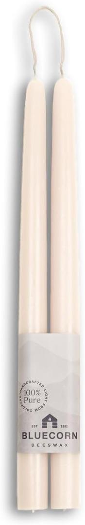 Bluecorn Beeswax Taper Candles, 100% Pure Natural Bees Wax, 12 Inch Pair, Ivory Candlesticks, Unscented, Clean Burning & Dripless, Long Lasting, Thanksgiving & Christmas Decor, American Made, 1 Ct
