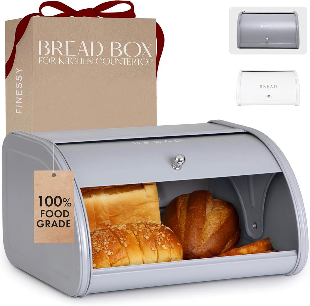 FINESSY Modern Metal Bread Box for Kitchen Countertop, Farmhouse Homemade Loaf Bread Storage Bin Holder for Kitchen Counters Organizer, Airtight Roll Top Sourdough Corner Breadbox Container Keeper (Small, Nordic Grey)
