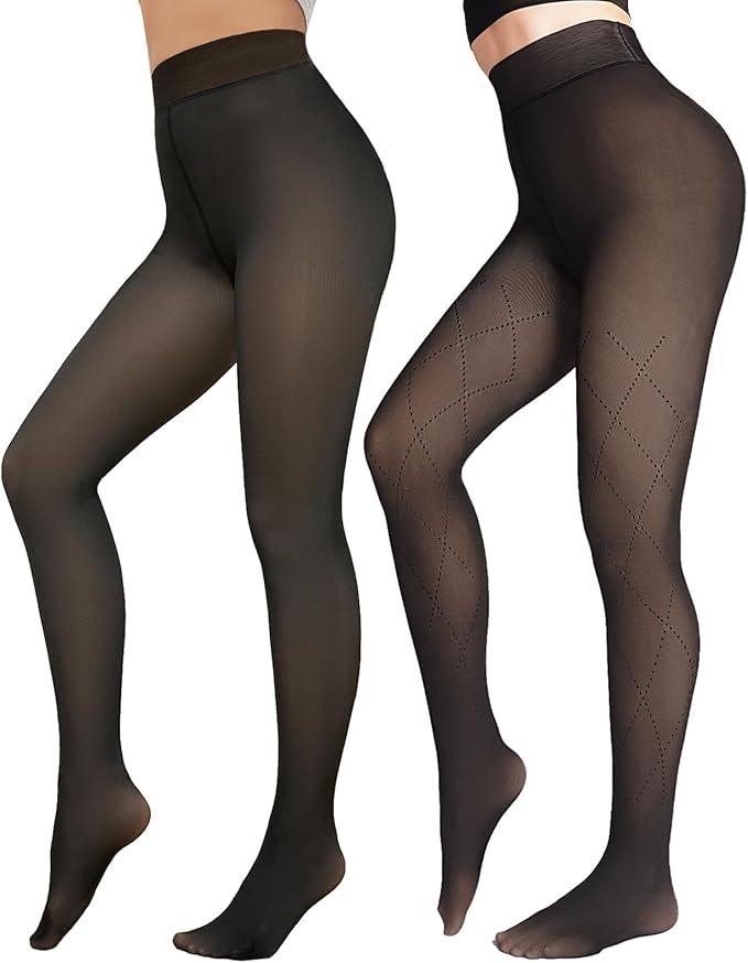 More Warmth Women Fleece Lined Tights Fake Translucent High Waist Thermal Pantyhose Thick Sheer Legging Set of 2, One Size