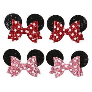 Mouse Ears Hair Bow Clips Polka Dot Barrettes for Girls Glitter Accessories Birthday Party Decorations (red & pink)