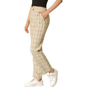 Allegra K Women's Plaid Trousers Pockets Straight Leg Pants X-Small Khaki