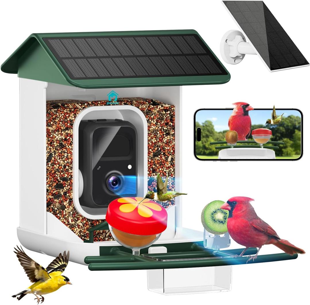 Smart Bird Feeder with Camera-AI Identify 11,000+ Species, 2K HD Auto Capture Birds Video & 64G TF Card, Solar-Powered Wireless Outdoor Design, Birdhouse with Built-in Two-Way Microphone (Green)