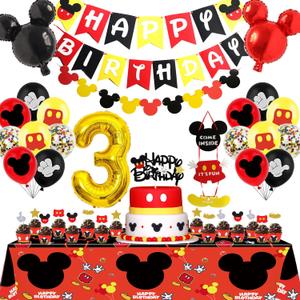 Cartoon Mouse 3rd Birthday Party Decorations - 3 Years Old Boy Party Supplies Includes Birthday Banner Garland, Door sign, Tablecloth, Cake Cupcake Toppers, Mouse Head Balloons, Latex Balloons