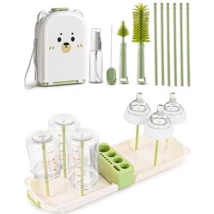 Travel Bottle Cleaner kit, 7in1 Baby Toddler Travel Essential Silicone Bottle Brush Set, Nipple, Drying Rack, Straw, & Breast Pump Cleaning, Soap Dispenser & Organizer Case, Gift Mom (Green)