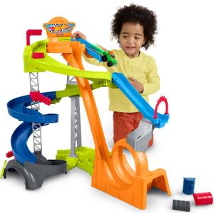 Fisher-Price Little People Toddler Toy Hot Wheels Spiral Stunt Speedway Race Track Playset with 2 Cars for Pretend Play Kids Ages 18+ Months