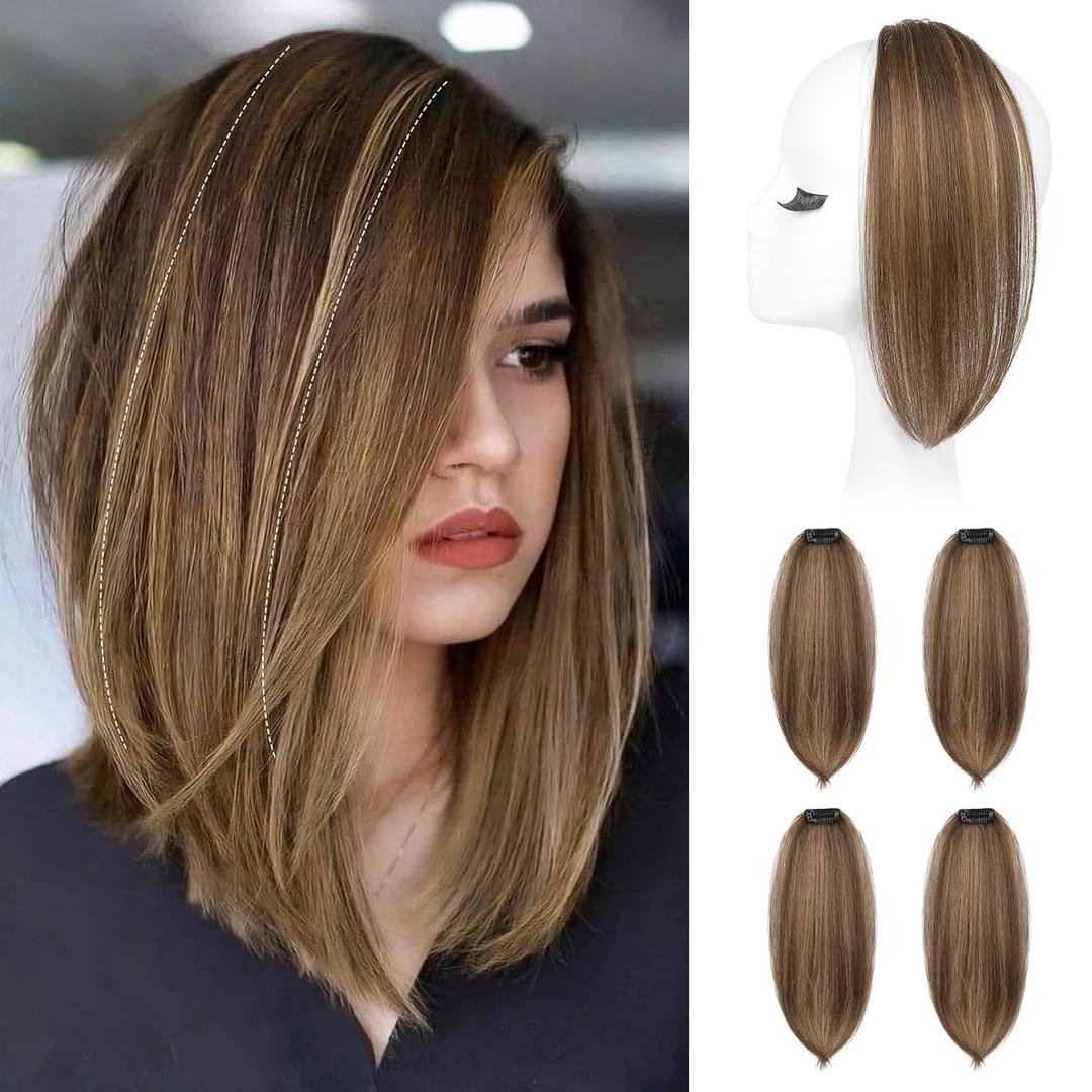REECHO Clip in Hair Volumizer, 4PCS 12 inch Short Thick Clip in Hairpieces Adding Extra Volume Hair Extensions for Women - Chocolate Brown with Blonde Highlights