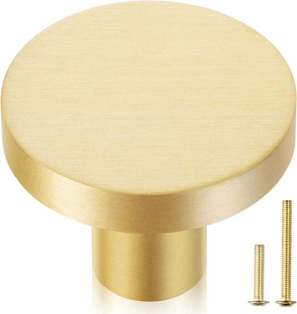 QOGRISUN 10-Pack Solid Brass Cabinet Knobs, 1-Inch Diameter, Round Gold Dresser Drawer Pulls Handles, Modern Kitchen Hardware, Brushed Brass Finish