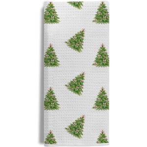 Green Christmas Tree Kitchen Towels, Coquette Pink Bow Christmas Dish Tea Towel for Kitchen, Preppy Girly Xmas Tree Decorative Hand Towels for Bathroom, 16x24 Inches