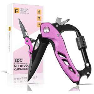 Pink Multitool Carabiner, Stocking Stuffers Gifts for Mom Women Wife, 6-in-1 Keychain Multi Tools with Window Breaker, Bottle Opener and Screwdriver, EDC Gear Gadget for Camping Hiking