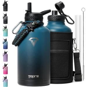 64 oz Insulated Water Bottle, Half Gallon Water Flask Stainless Steel Vacuum, Cold for 48 Hrs, BPA-Free & Leakproof -with Paracord Handle, Strap, Straw Spout Lids, Large Jug for Gym, Indigo Black
