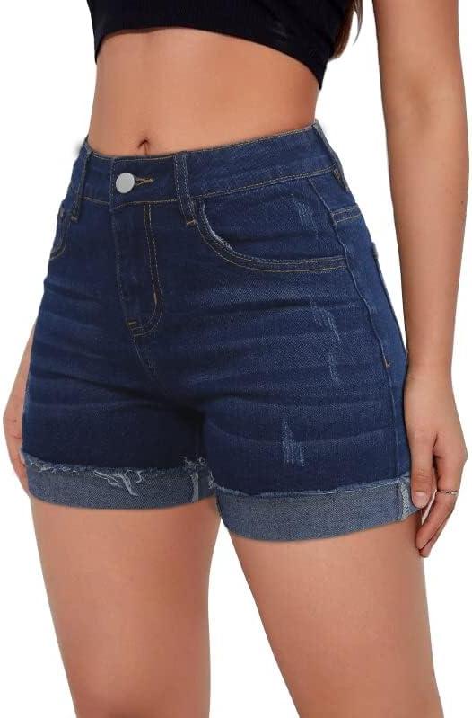 Jean Shorts Womens High Waisted Stretchy Slim Fit Distressed Denim Shorts (Blue, M)