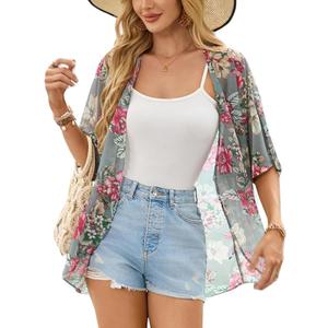 Women's Floral Kimono Cardigan Lightweight Beach Cover Up for Summer Loose Fit Casual Top, Size XL