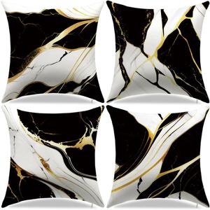 Throw Pillow Covers Set of 4, 18x18 Inch, Abstract Black White with Gold Accent Decorative Pillow Cases for Couch Sofa Living Room Bedroom Home Decor