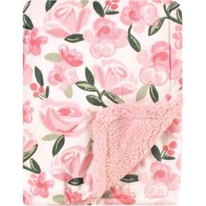 Hudson Baby Unisex Baby Plush Mink and Sherpa Blanket, Green Floral, One Size
