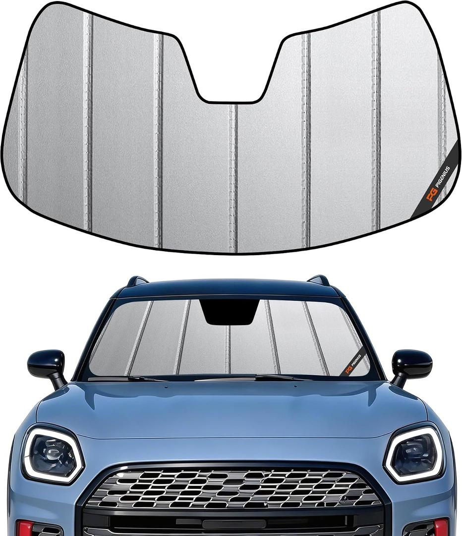 Pigenius Windshield Sunshade for Mini Countryman 2025-2026, Matte Silver Faux Leather with Anti Glare Premium Soft Touch - No Fingerprint & Luxury No Glare Feel