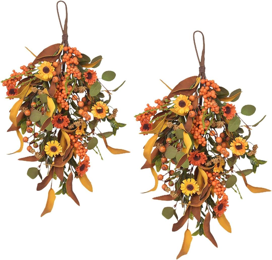 2pcs 20 Inch Artificial Fall Teardrop Swag Autumn Sunflowers Pumpkins Leaves Berries Door Swag Wreath Hanging Flower Autumn for Thanksgiving Halloween Front Door Wall Decor(2pcs Sunflowers)