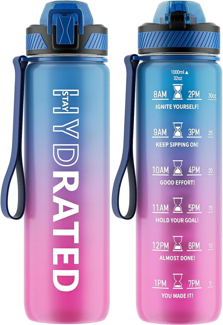 Water Bottle with Straw, 32oz Motivational Water Bottles with Time Marker to Drink, Tritan BPA Free, 1L Sports Water Bottle with Carry Strap LeakProof for Women Gym Fitness Outdoor (1 Pack) (Blue Purple)