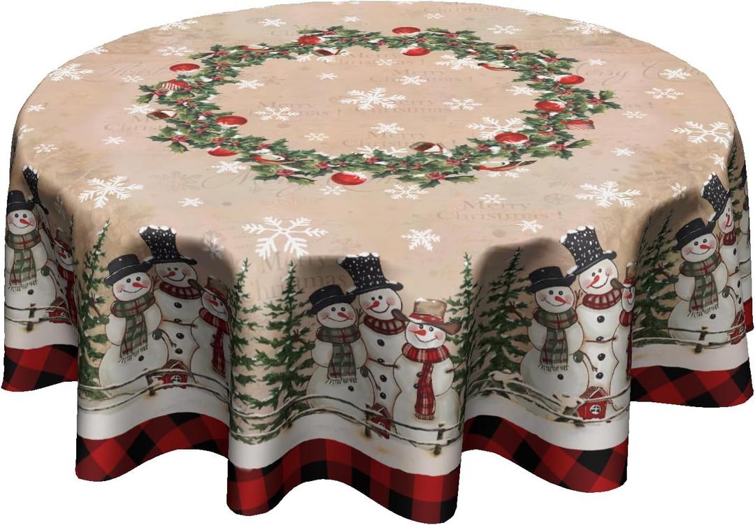Giwawa Winter Snowman Tablecloth Round 60 Inch Red Buffalo Plaid Washable Reusable Table Cover for Kitchen Dining Room Indoor Outdoor Home Decor