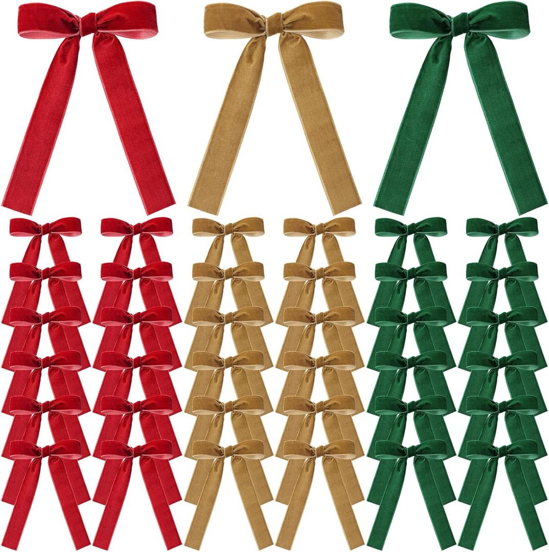 36 Pieces Valentine's Day Velvet Bow Valentine Ribbon Wreath Bow Bulk Romantic Crafts Gift Pretied Set for Garland Home Decor Wedding Outdoor Indoor Decor(Dark Green, Wine Red, Brown,1'' Wide)