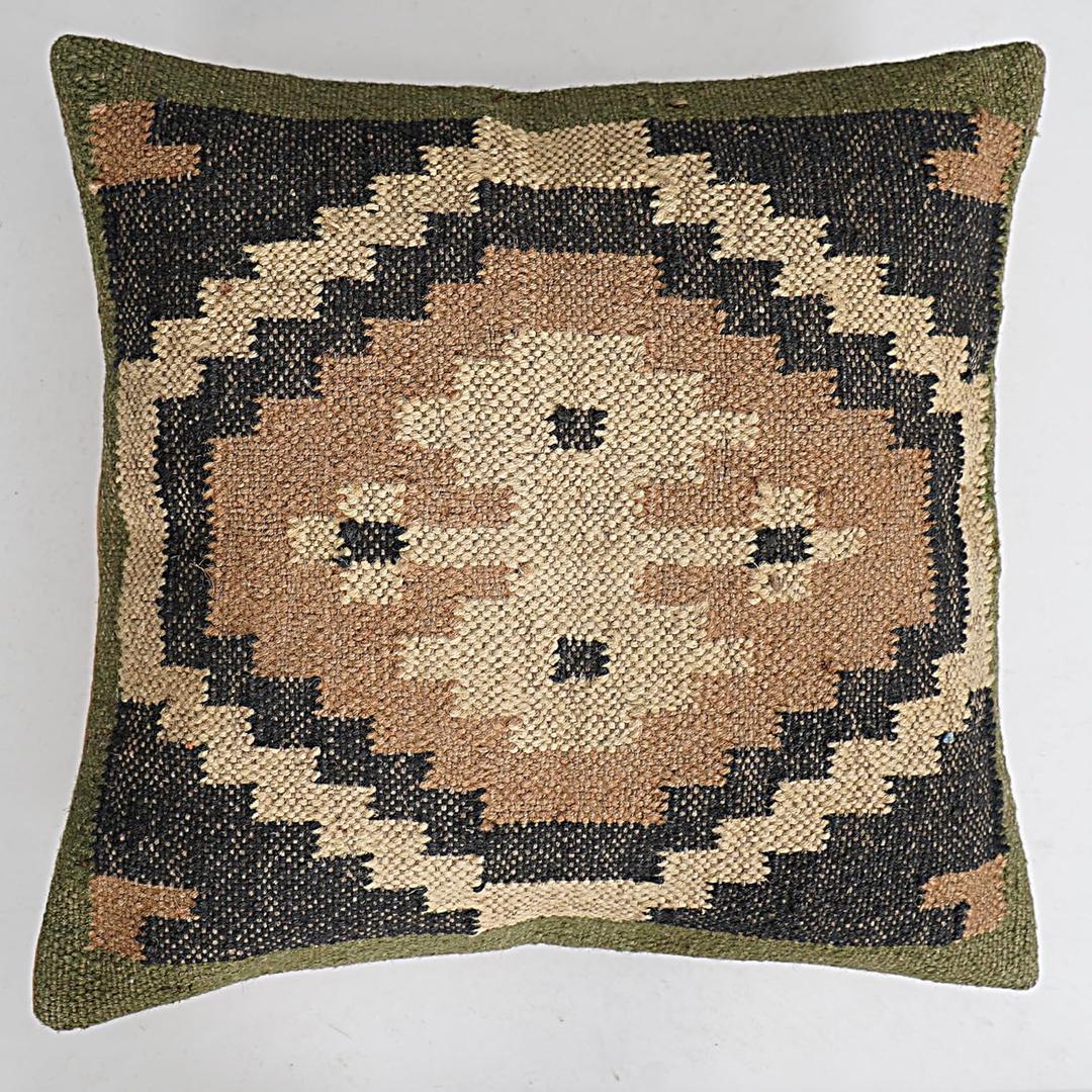 Indian Vintage Kilim Hand Loom Cushion Cover 18X18 Pillows Boho Ethnic Shams Jute Pillow Cases Rug Boho (Pattern 091)
