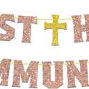 First Holy Communion Banner God Bless Decorations Baptism Bunting Garland Religious Christening 1st Birthday Baby Shower Party Decorations for Boys Kids - Blue Glitter