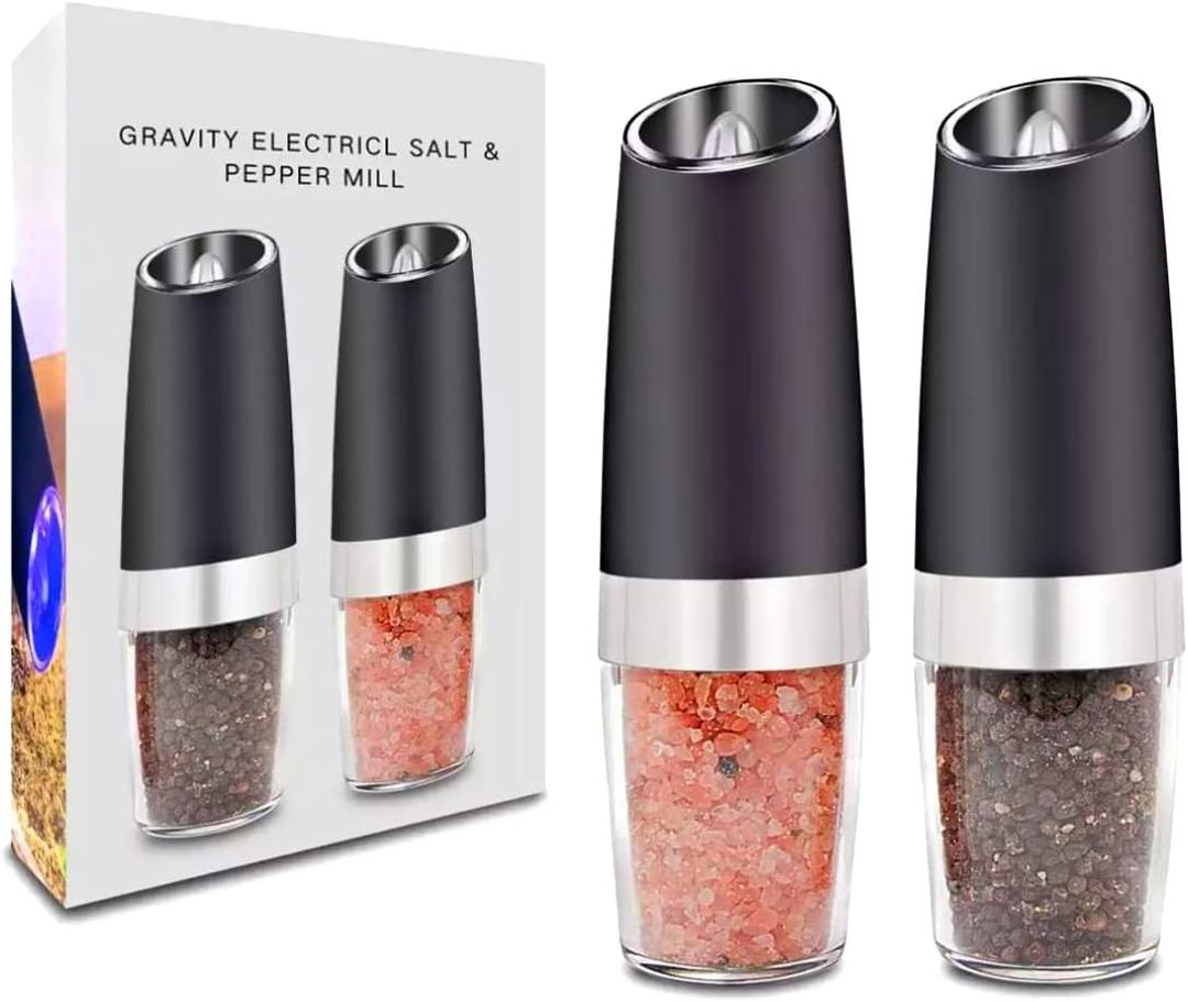 Sweet Alice Gravity Electric Pepper and Salt Grinder Set, Adjustable Coarseness, Battery Powered with LED Light, One Hand Automatic Operation, Stainless Steel Black, 2 Pack