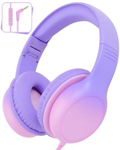 Aechorhy Over Ear Kids Headphones with HD Mic, Safe Volume Limited Wired Headphones for School, Travel, Stereo Sound Headphones with Cord, Foldable 3.5mm Headphones for iPad, Laptop, PC, Purple-Pink