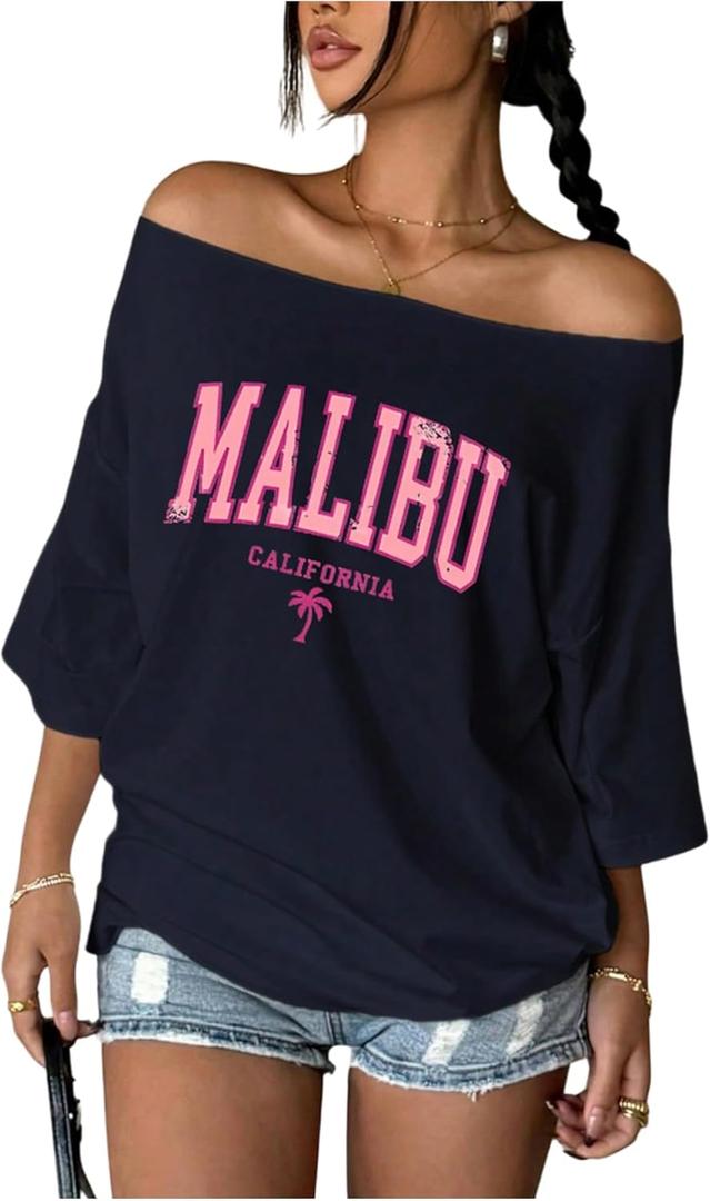 Women's Off Shoulder Tops Letter Graphic Tees Half Sleeve Baggy Summer T-Shirts (Blue, L)