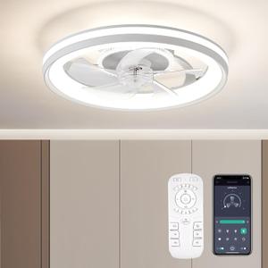 Ceiling Fans with Lights and Remote, Modern Low Profile Ceiling Fan with Light, Stepless Color Temperature Dimmable and 6 Speeds, Flush Mount Ceiling Fans for Bedroom, Kids Room and Kitchen (19 inch, White)